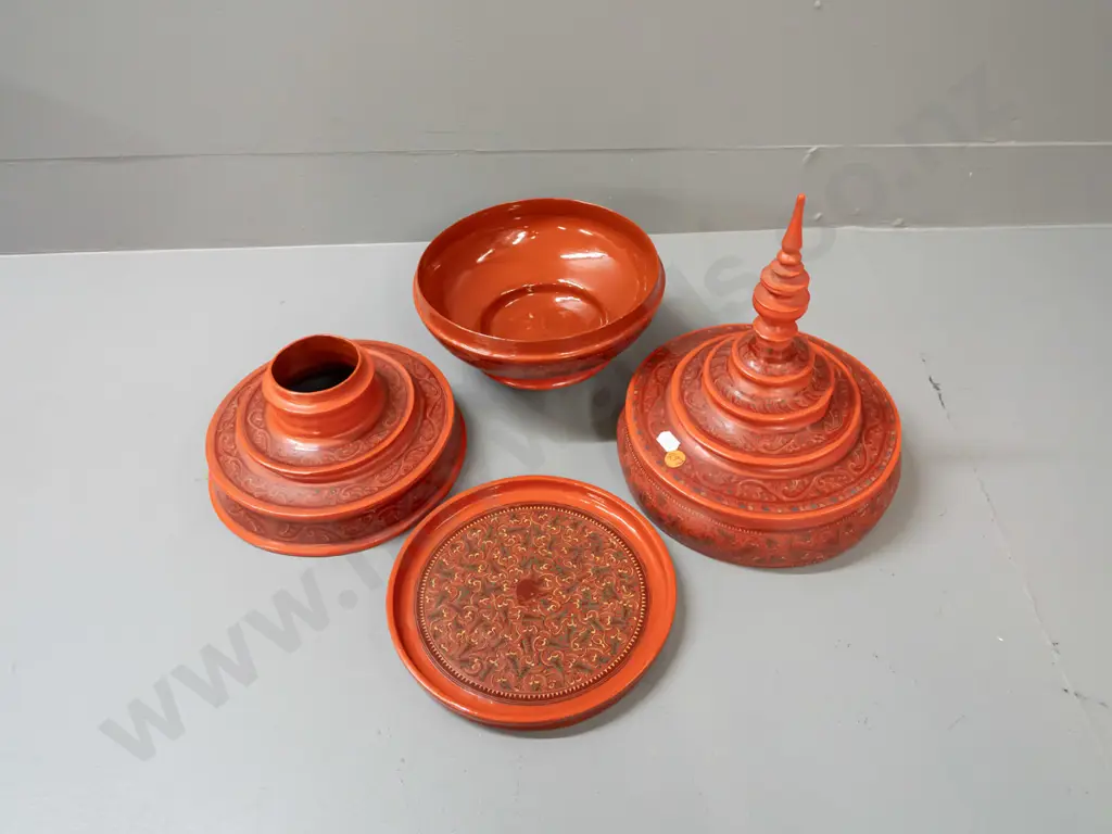 Burmese Hsun-ok (food carrier) - 4 piece construction, red cinnabar lacquer & timber in stupa shape H-440 D-210 Image 1++