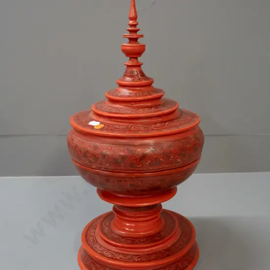 Burmese Hsun-ok (food carrier) - 4 piece construction, red cinnabar lacquer & timber in stupa shape H-440 D-210