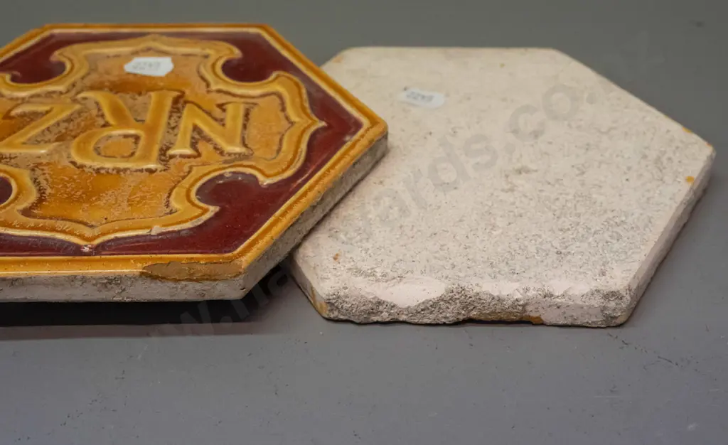 4 NZR New Zealand railway hexagonal ceramic tiles - one has English maker's mark, hard to read. Age wear and crazing, 2 Image 1++