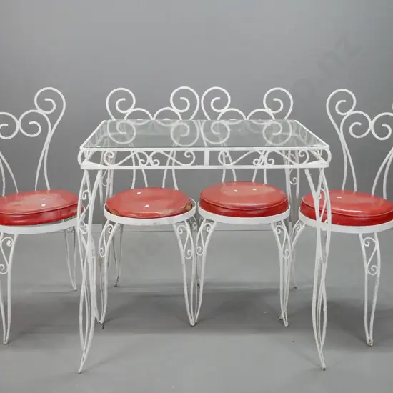 retro white painted metal patio set with scroll decoration and chair backs - rectangular glass topped table and 4 chairs