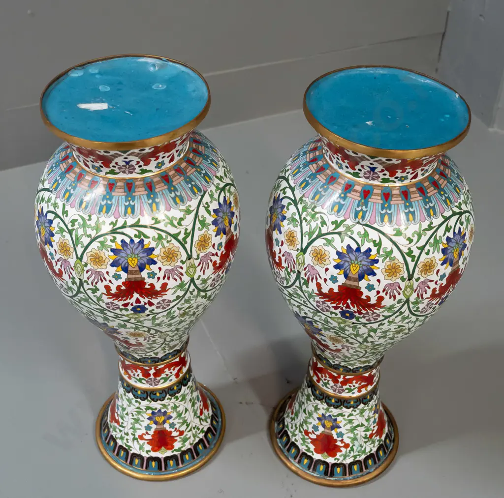 pair of Chinese cloisonne vases - multi colours on white ground over brass H-380 D-150 Image 1++