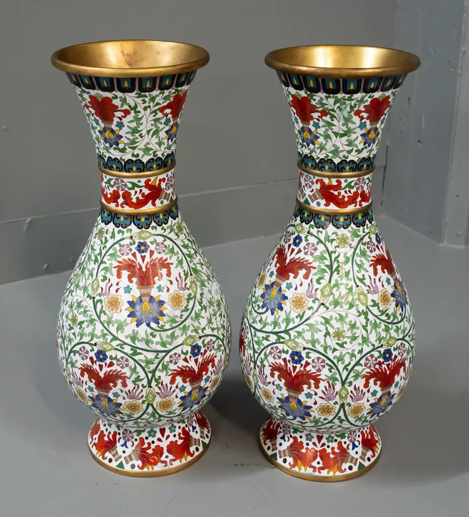 pair of Chinese cloisonne vases - multi colours on white ground over brass H-380 D-150 Image 1++