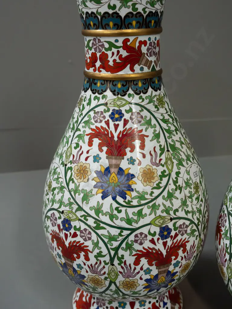 pair of Chinese cloisonne vases - multi colours on white ground over brass H-380 D-150 Image 1++