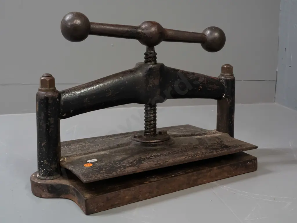 vintage heavy cast iron book press - Patrick Ritchie Edinburgh cast into platen - overall pitting and corrosion H-280 Image 1++