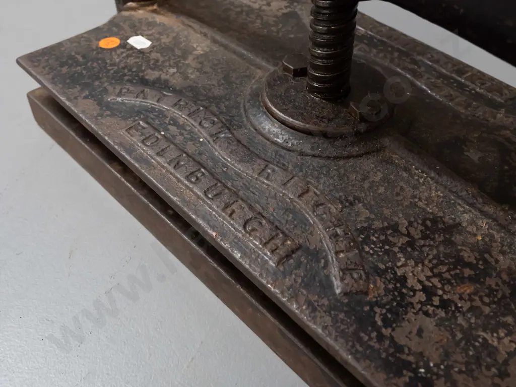 vintage heavy cast iron book press - Patrick Ritchie Edinburgh cast into platen - overall pitting and corrosion H-280 Image 1++