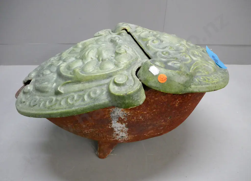 French cast metal coal scuttle w/ centrally hinged foliate-patterned enamel lid, rust & corrosion to metal inside & out Image 1++