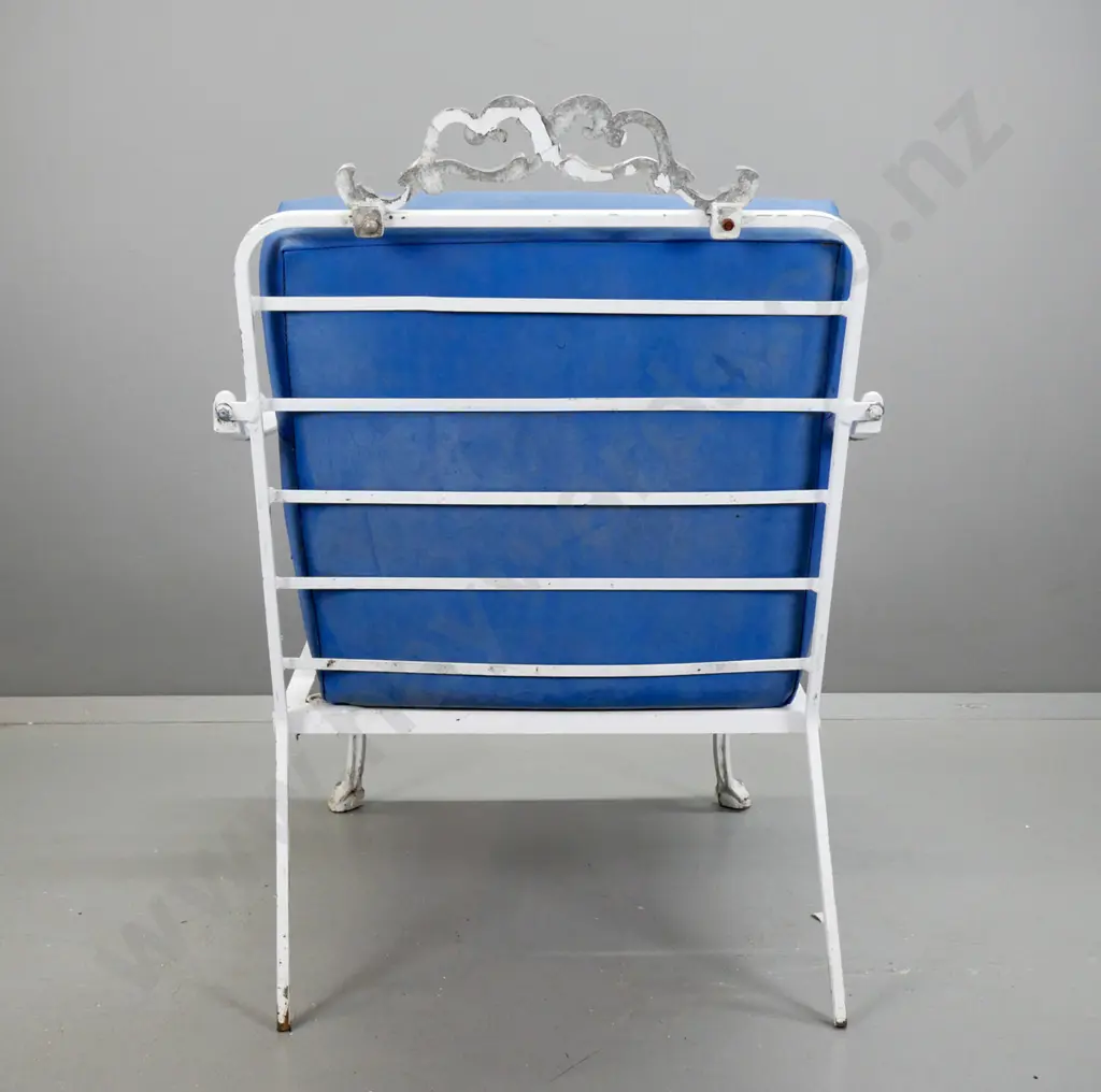 pair of cast alloy white painted patio lounge chairs with blue vinyl squabs - aging and discolouration to vinyl, arms Image 1++