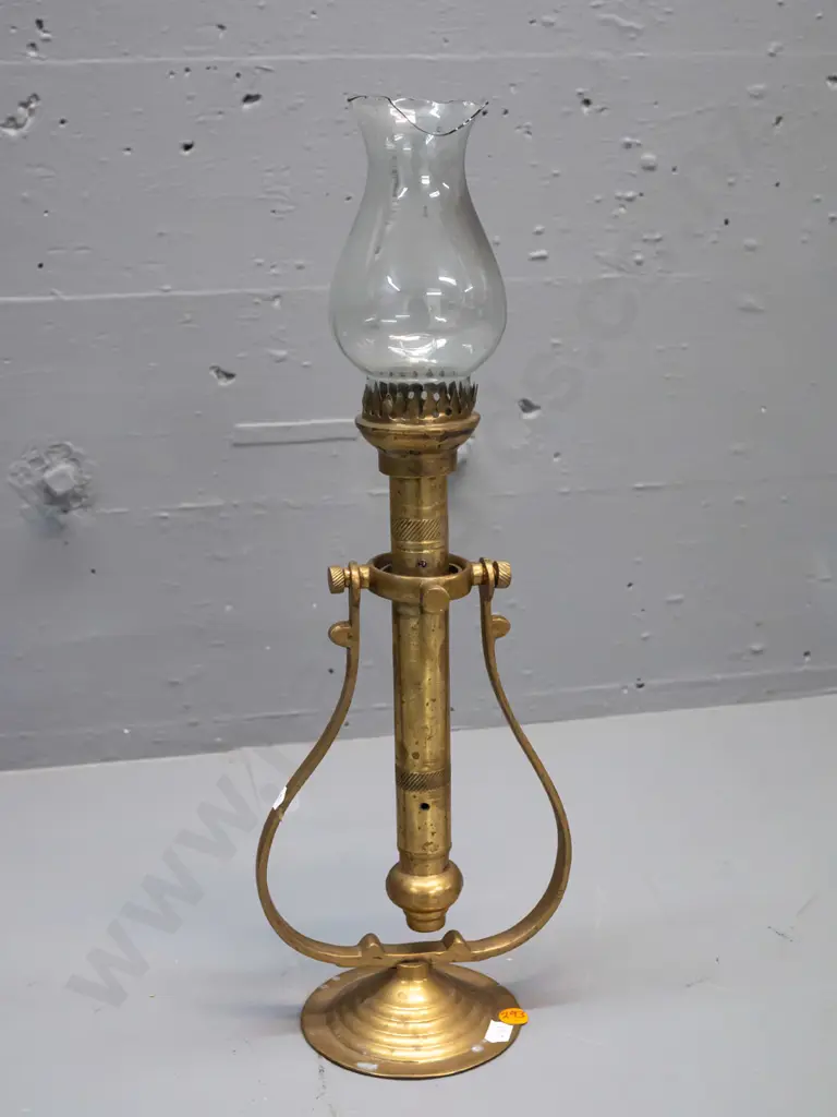 brass ship's candle lantern with gimbal mount, glass chimney with a chunk missing. H-250 W-240 at wall bracket. Has some Image 1++
