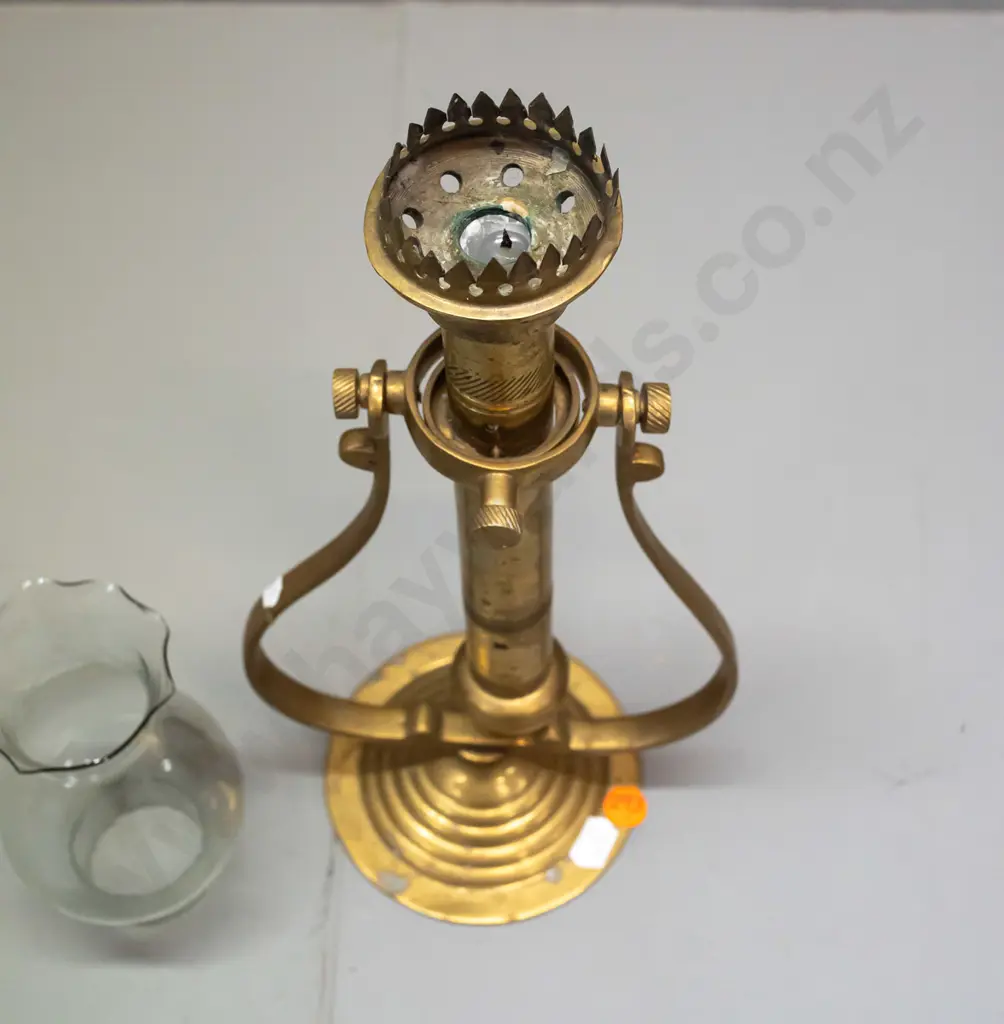 brass ship's candle lantern with gimbal mount, glass chimney with a chunk missing. H-250 W-240 at wall bracket. Has some Image 1++