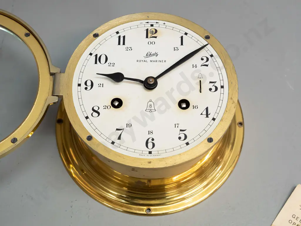 vintage Schatz 'Royal Marina' brass cased nautical style wall clock with winding key and booklet - heavy corrosion to Image 1++