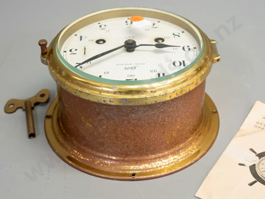 vintage Schatz 'Royal Marina' brass cased nautical style wall clock with winding key and booklet - heavy corrosion to Image 1++