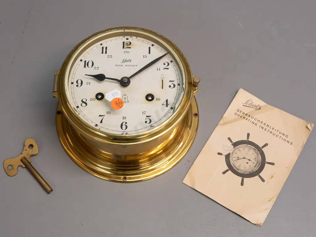 vintage Schatz 'Royal Marina' brass cased nautical style wall clock with winding key and booklet - heavy corrosion to Image 1++