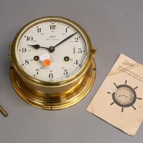 vintage Schatz 'Royal Marina' brass cased nautical style wall clock with winding key and booklet - heavy corrosion to