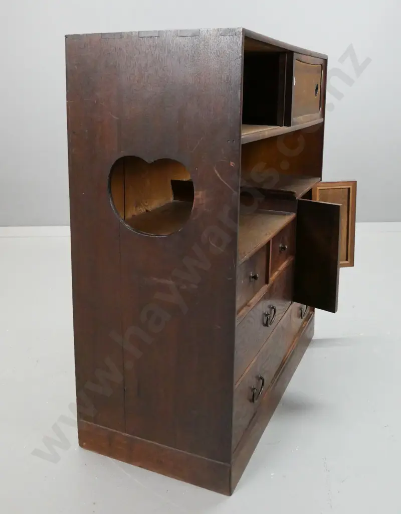 elm Japanese tea ceremony  cupboard with 2 sliding doors in top over open shelf, 2 panelled cupboard doors Image 1++