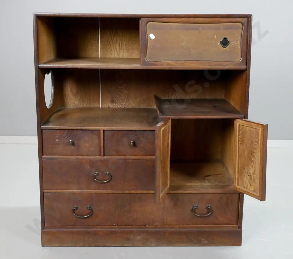 elm Japanese tea ceremony  cupboard with 2 sliding doors in top over open shelf, 2 panelled cupboard doors Image 1++