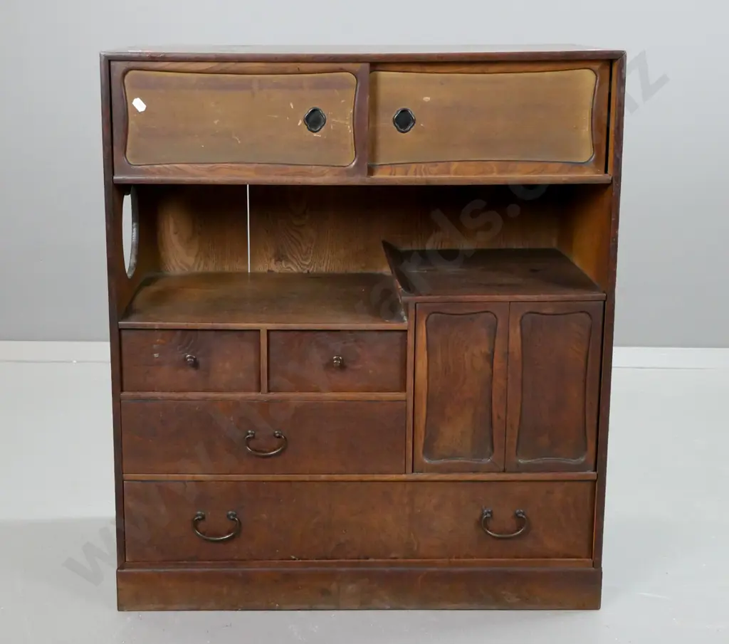 elm Japanese tea ceremony  cupboard with 2 sliding doors in top over open shelf, 2 panelled cupboard doors Image 1++