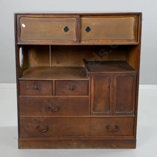 elm Japanese tea ceremony  cupboard with 2 sliding doors in top over open shelf, 2 panelled cupboard doors