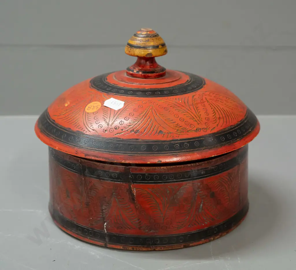 Pakistani "masala box" round painted and engraved timber lidded spice container - some splits & a repair H-190 D-210 Image 1++