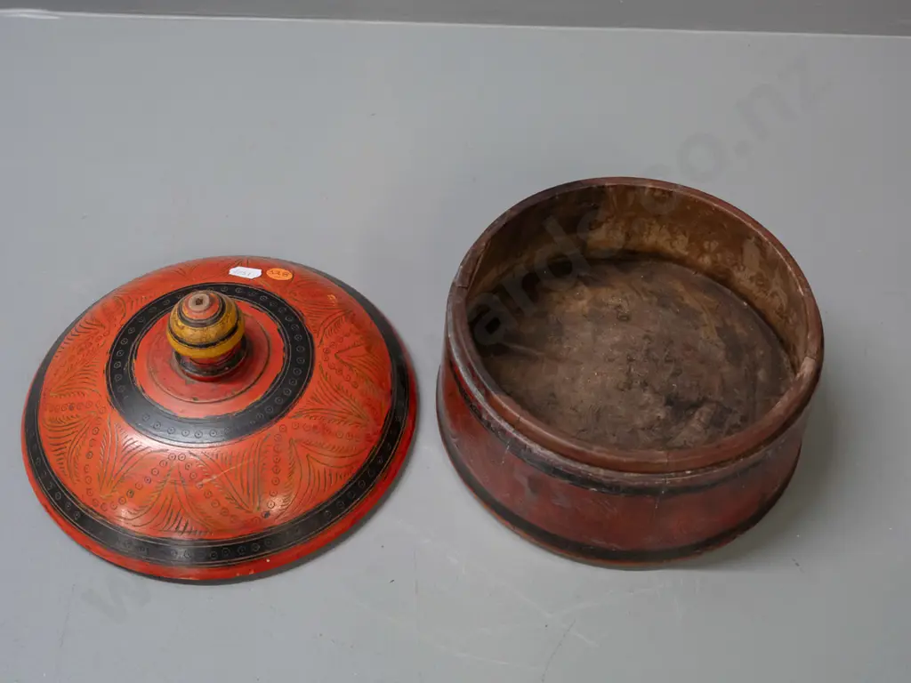 Pakistani "masala box" round painted and engraved timber lidded spice container - some splits & a repair H-190 D-210 Image 1++