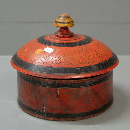 Pakistani "masala box" round painted and engraved timber lidded spice container - some splits & a repair H-190 D-210