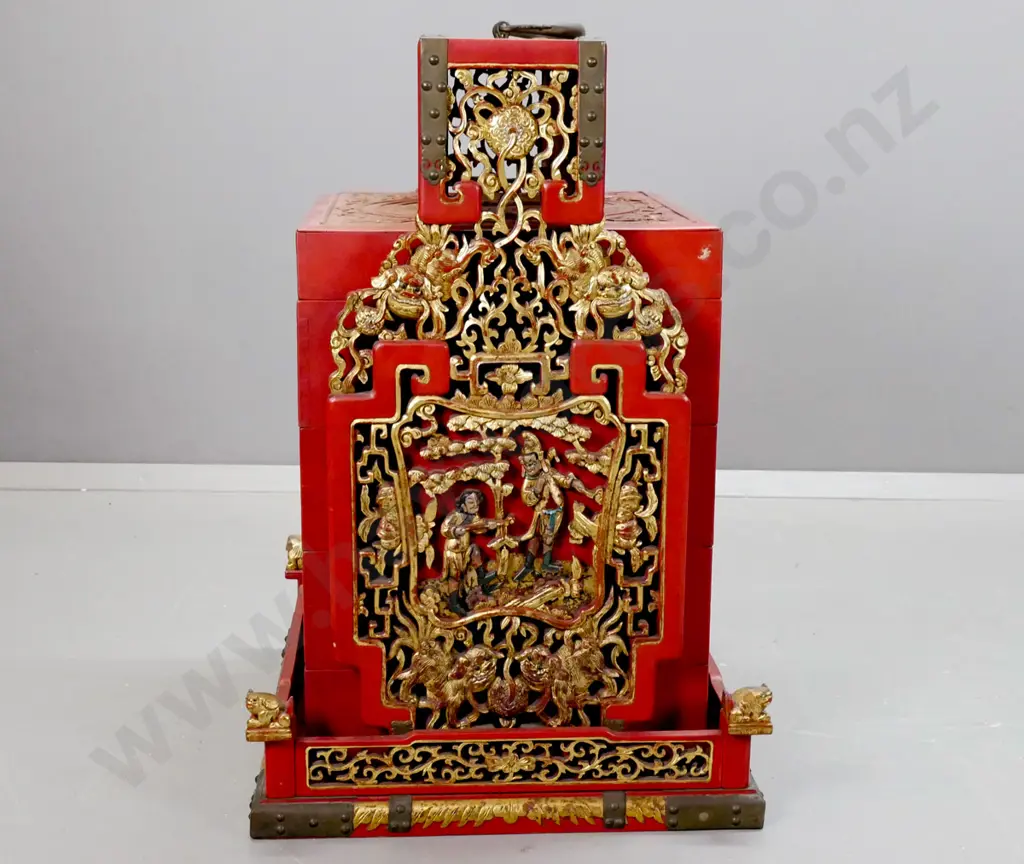 Chinese red lacquered wedding / food storage chest with carved, pierced and gilded decoration, metal binding and top Image 1++