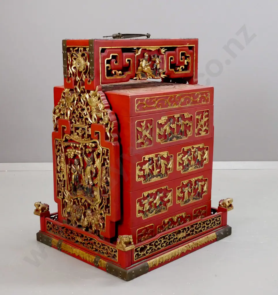 Chinese red lacquered wedding / food storage chest with carved, pierced and gilded decoration, metal binding and top Image 1++