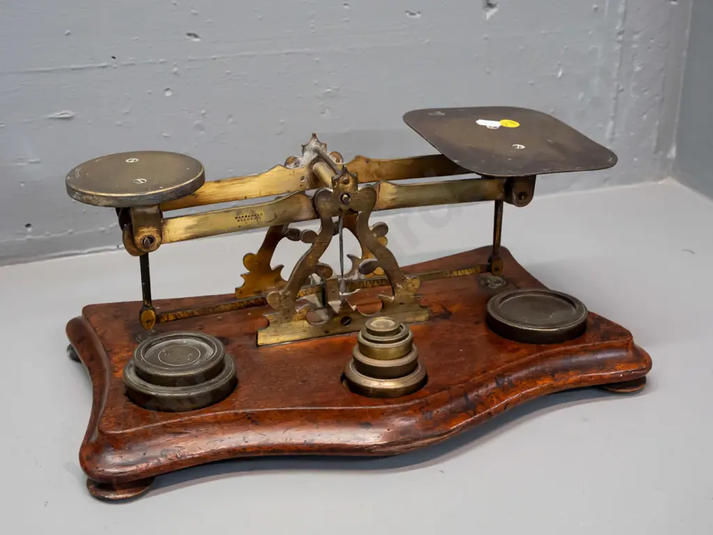 vintage large postal balance scales - brass mechanism and plates on mahogany or cedar base, with assorted brass weights. Image 1++