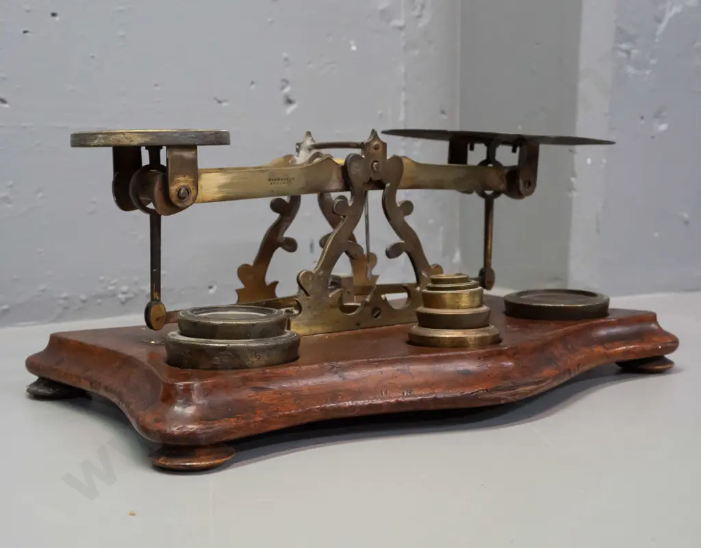 vintage large postal balance scales - brass mechanism and plates on mahogany or cedar base, with assorted brass weights. Image 1++