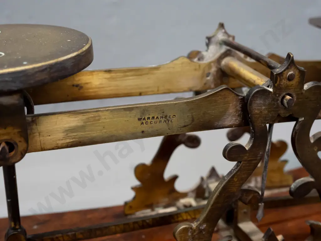 vintage large postal balance scales - brass mechanism and plates on mahogany or cedar base, with assorted brass weights. Image 1++