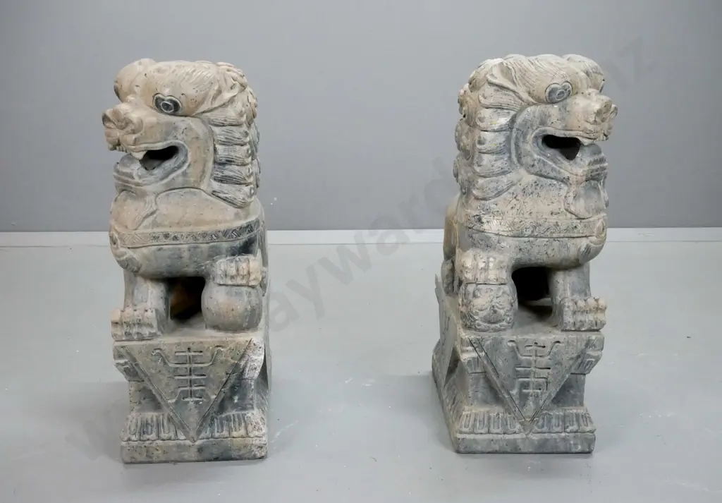 pair of large heavy carved stone Chinese temple foo dogs - some wear and chipping H-670 W-240 D-400 Image 1++