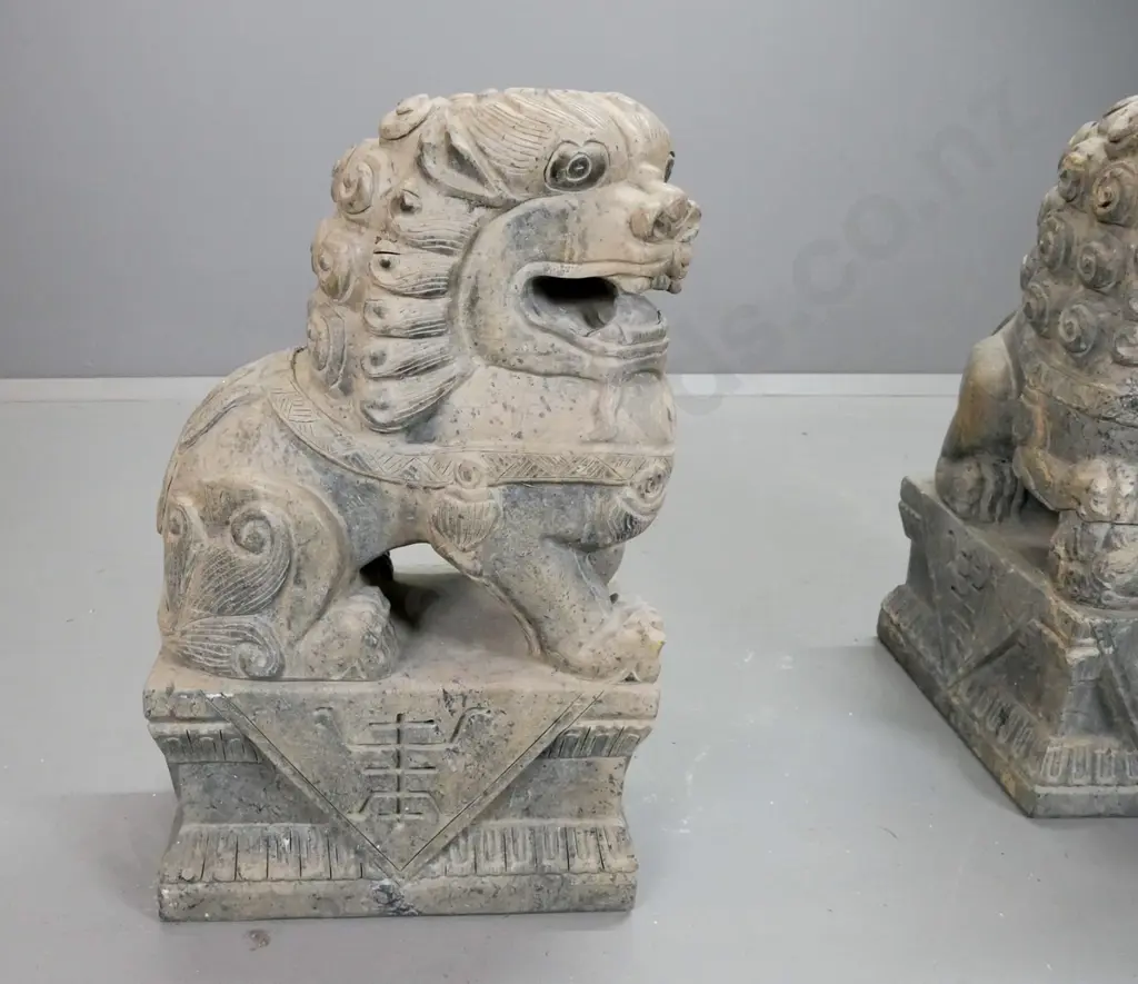pair of large heavy carved stone Chinese temple foo dogs - some wear and chipping H-670 W-240 D-400 Image 1++