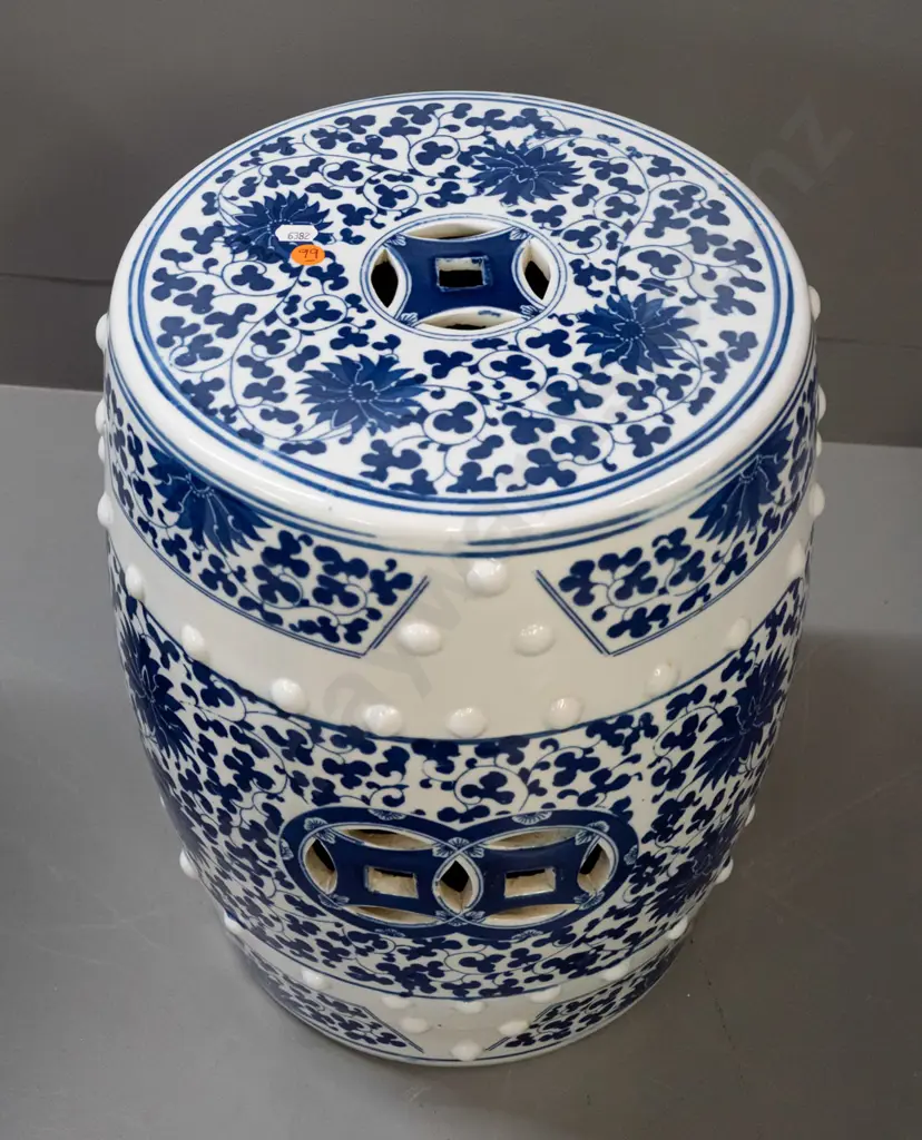 Chinese blue and white ceramic garden seat with pierced cutouts in top and sides, raised stud pattern H-420 D-290 at top Image 1++