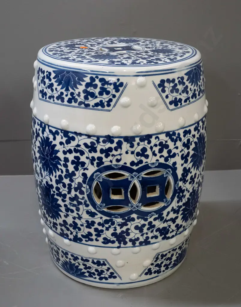 Chinese blue and white ceramic garden seat with pierced cutouts in top and sides, raised stud pattern H-420 D-290 at top Image 1++