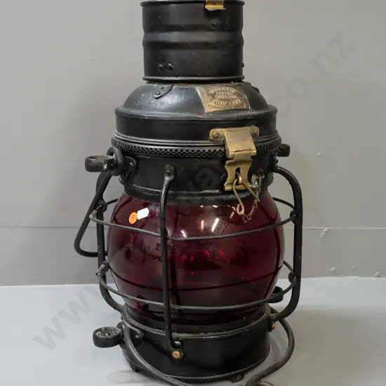 large ship's lantern with top and bottom handles, red glass bubble lens, w/ plaque: Davies Patent Windproof Ship Lamp.