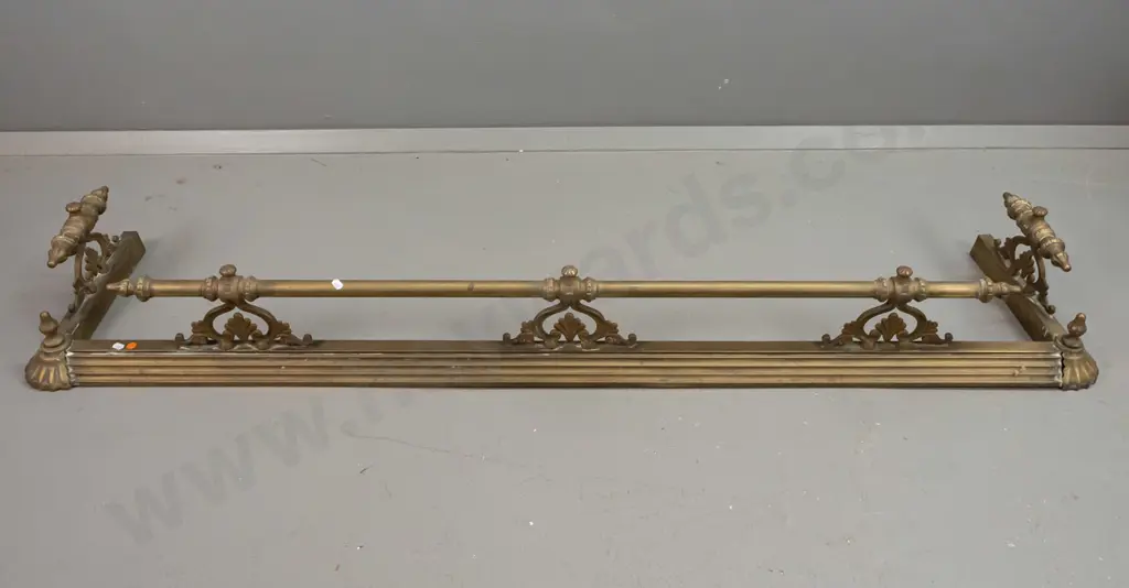 vintage brass fire surround on stepped, fluted base with finial capped corners, pierced nouveau style supports for rails Image 1++