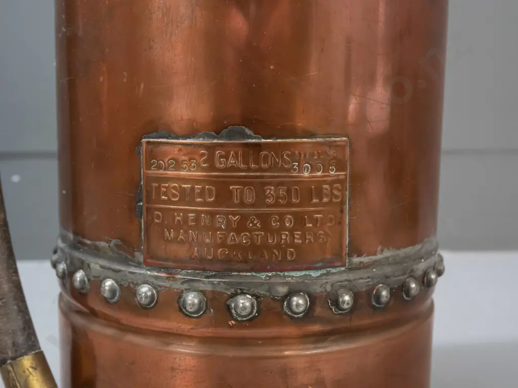 vintage copper, brass & copper plated fire extinguisher  "D. Henry & Co. Ltd. Manufacturer - Auckland" plaque. Some Image 1++