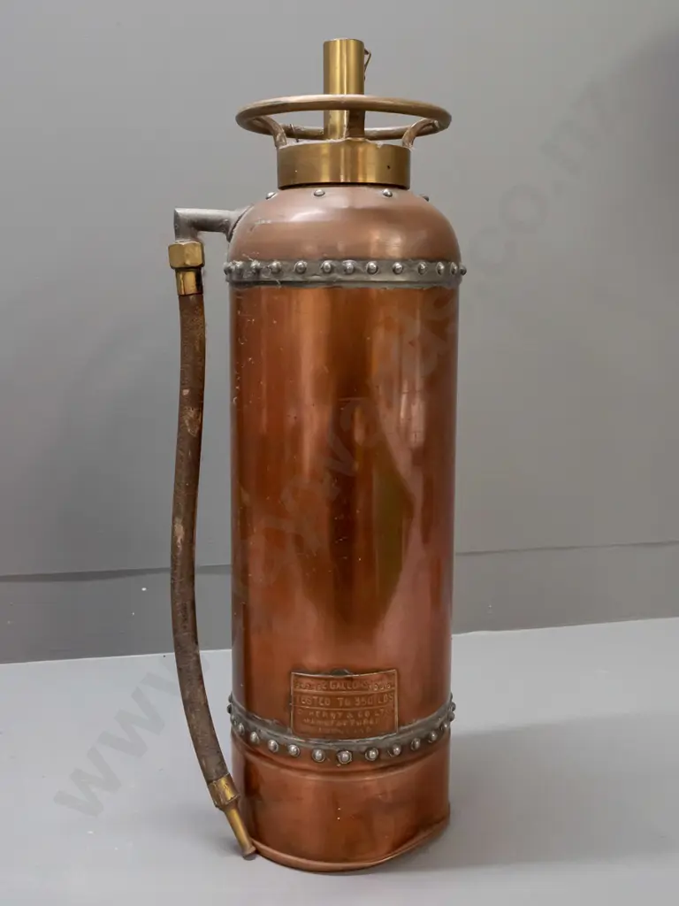 vintage copper, brass & copper plated fire extinguisher  "D. Henry & Co. Ltd. Manufacturer - Auckland" plaque. Some Image 1++