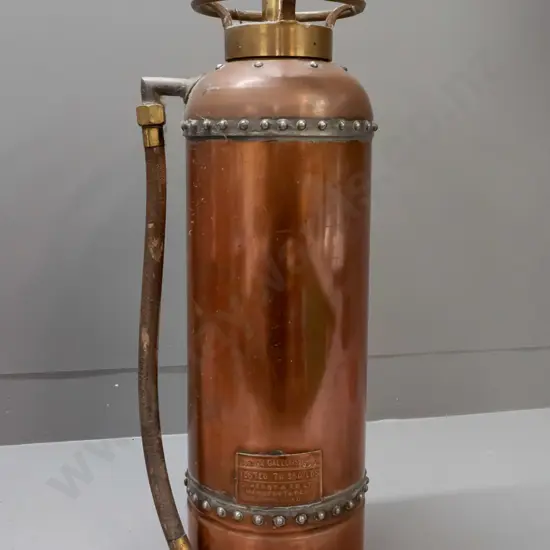 vintage copper, brass & copper plated fire extinguisher  "D. Henry & Co. Ltd. Manufacturer - Auckland" plaque. Some