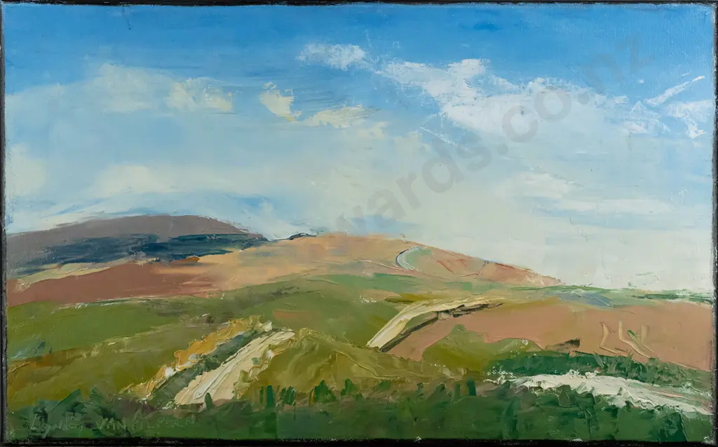 Lynley Van Alphen - boxed oil on canvas "Lake Onslow Rd Central Otago" H280 W450 Image 1++
