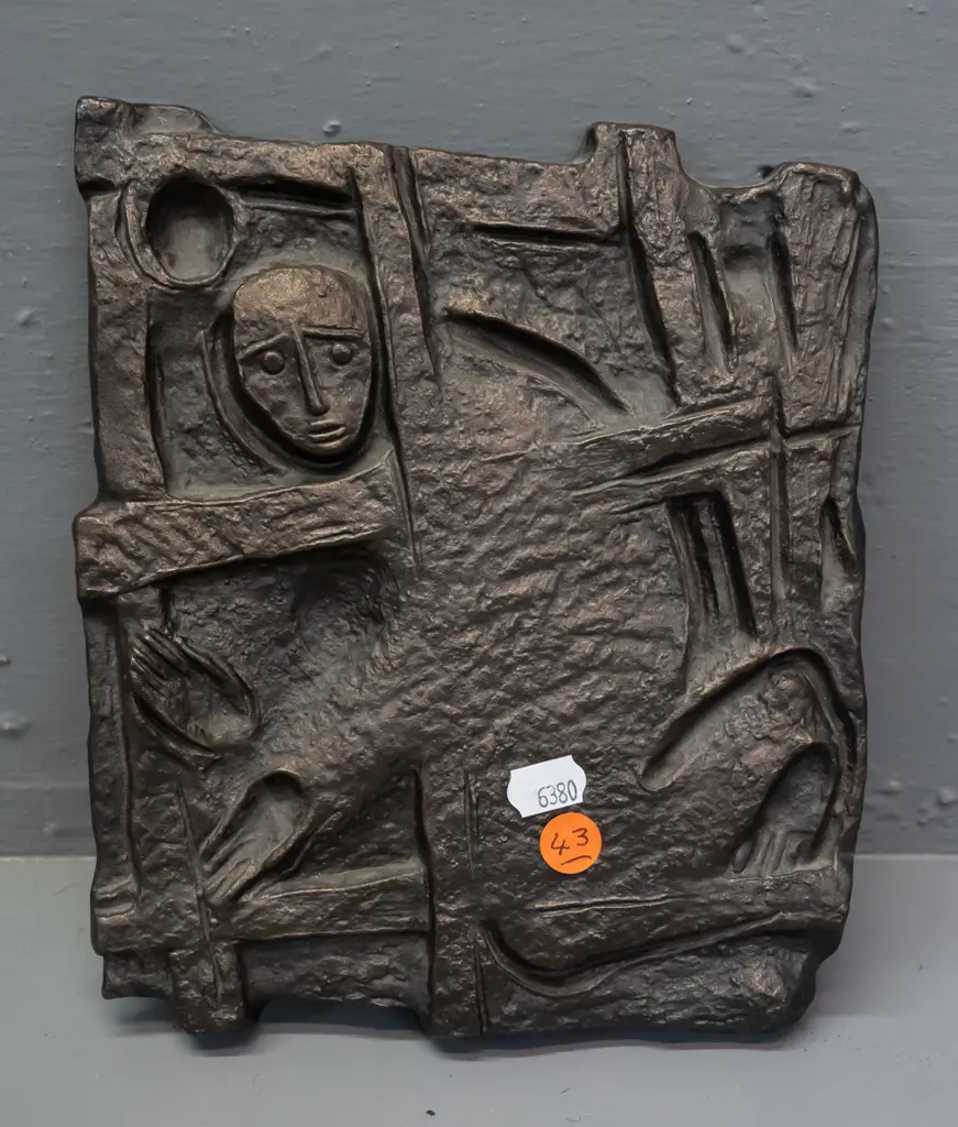retro cast metal religious scene wall plaque - marked Thomae 1974 on back, with small "Buderus" anchor motif mark and Image 1++