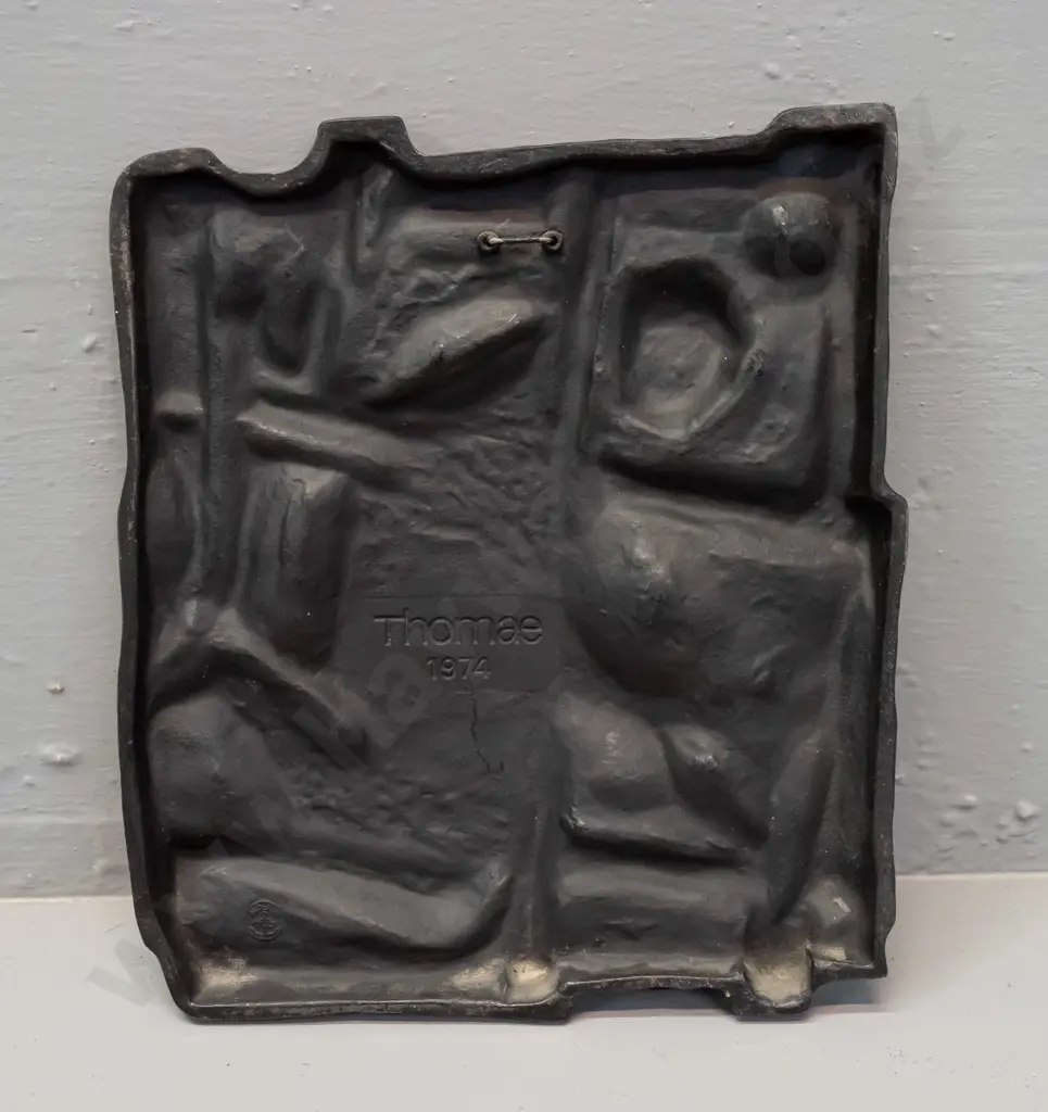 retro cast metal religious scene wall plaque - marked Thomae 1974 on back, with small "Buderus" anchor motif mark and Image 1++
