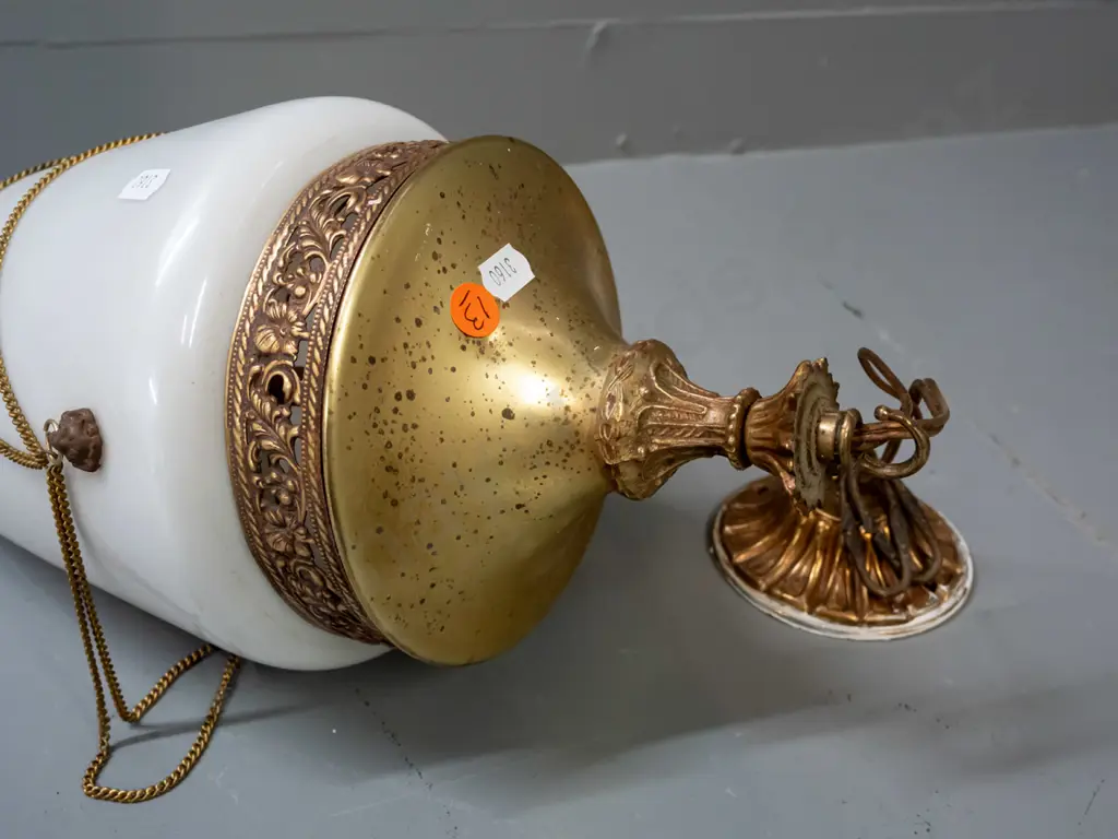 retro cast brass and white lustre glass hanging pendant light fitting with pierced brass collar, applied lions heads Image 1++