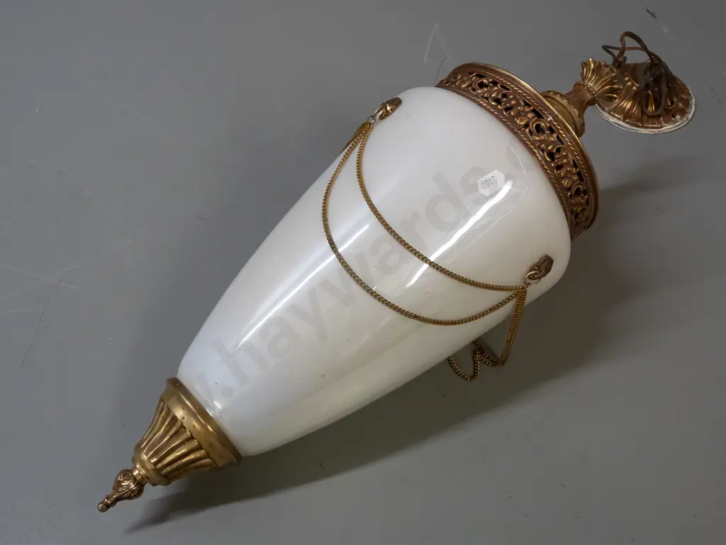retro cast brass and white lustre glass hanging pendant light fitting with pierced brass collar, applied lions heads Image 1++