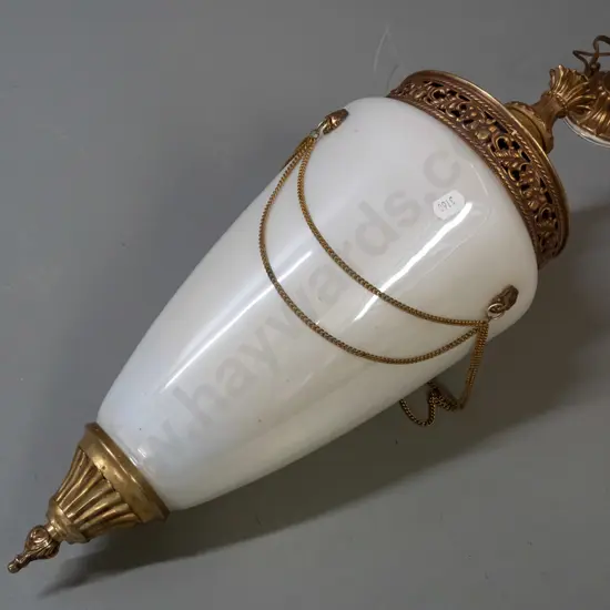 retro cast brass and white lustre glass hanging pendant light fitting with pierced brass collar, applied lions heads