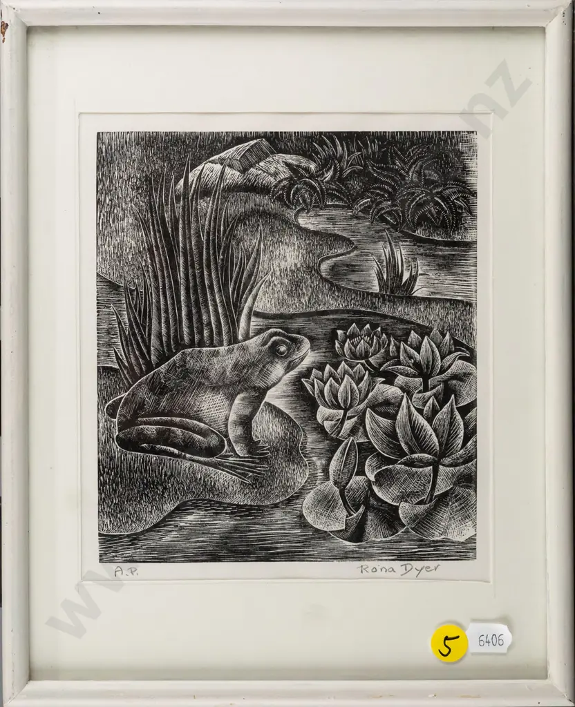 Rona Dyer - framed ltd edition etching AP - frog & lily pads H160 W140 Image 1++