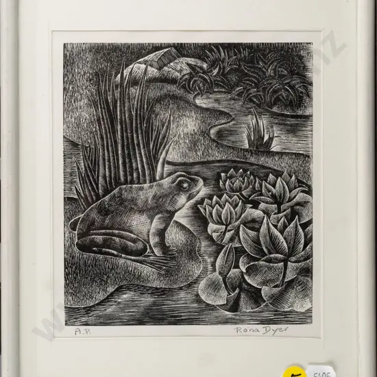 Rona Dyer - framed ltd edition etching AP - frog & lily pads H160 W140