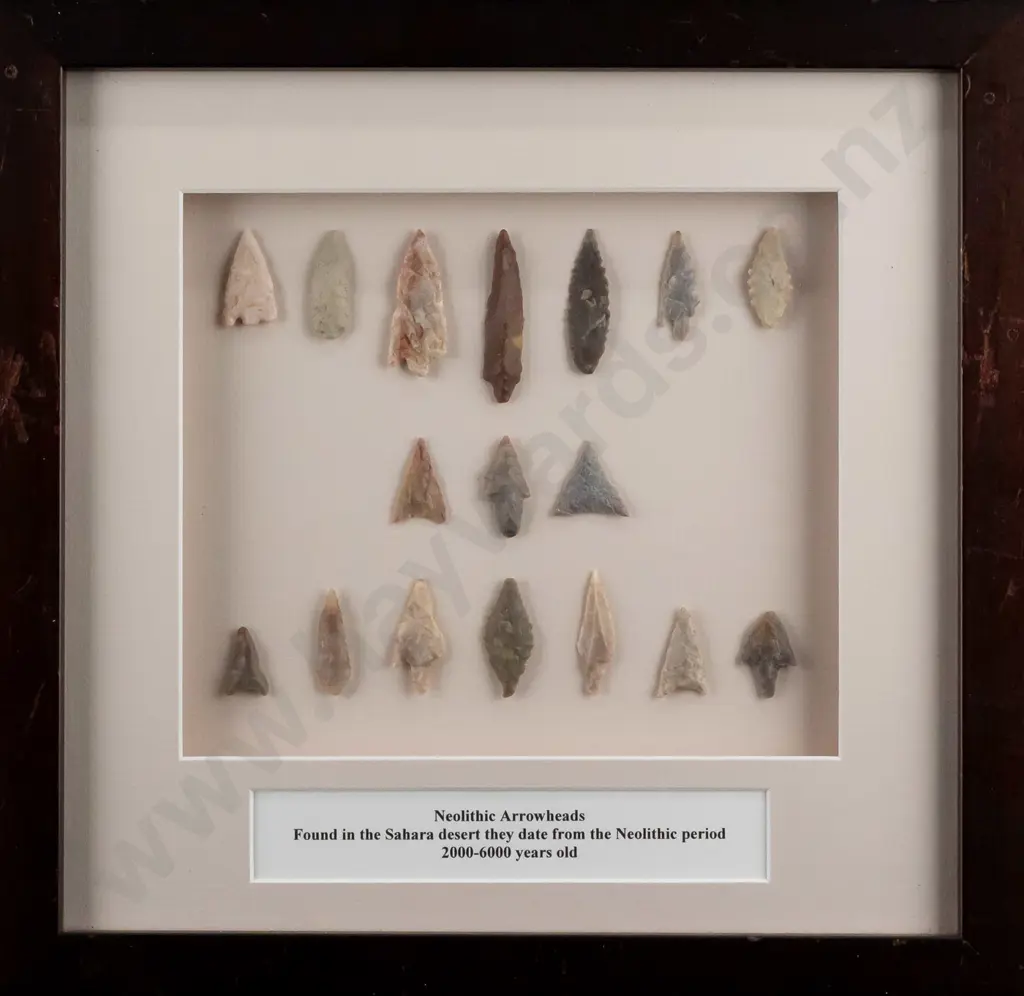 framed group of 17 neolithic stone arrowheads H-290 W-290 Image 1++