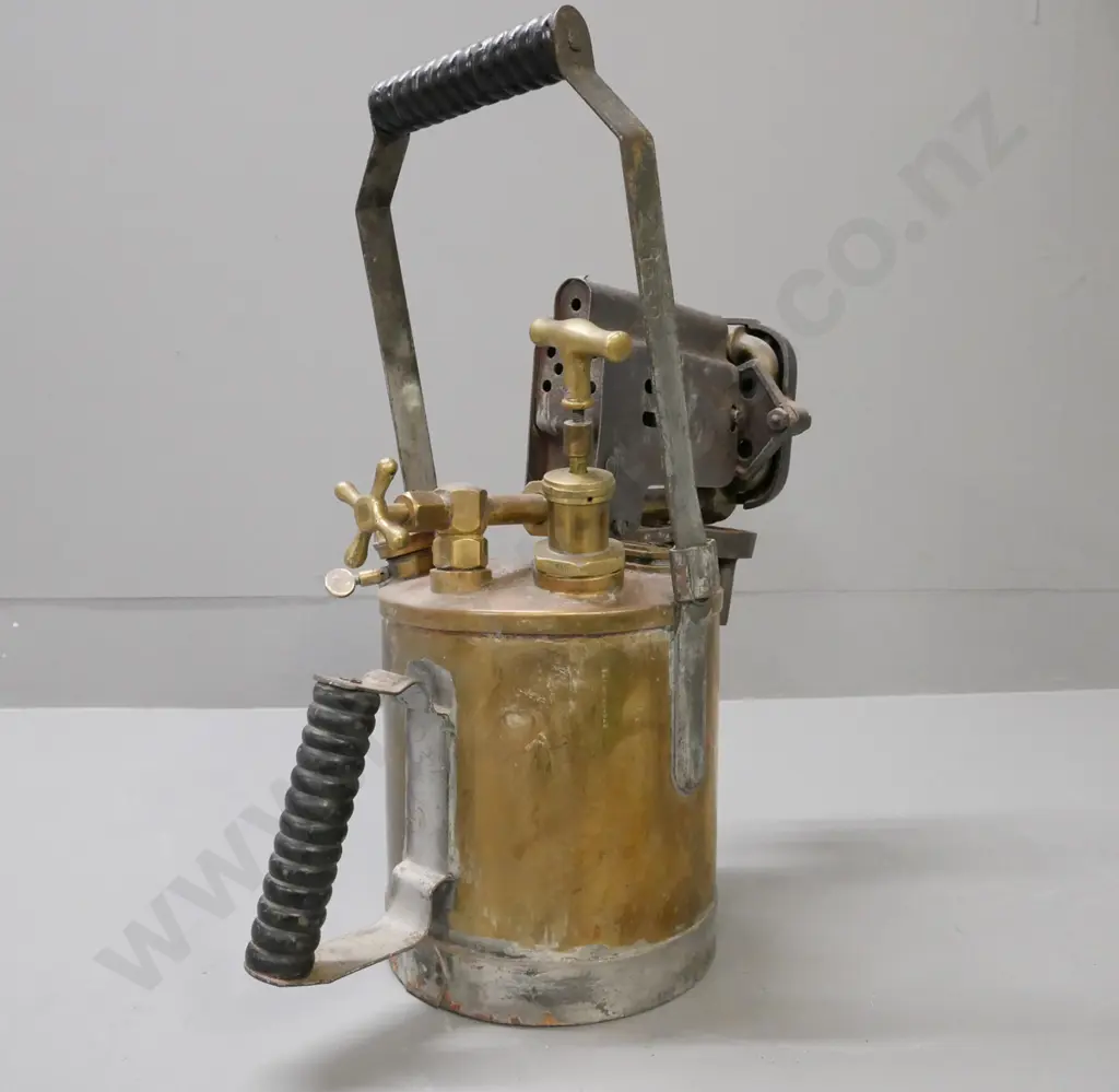 vintage blowtorch. W Parkinson & Co London & Birmingham. Varying brass taps and gauge. Cast handle and nozzle. Image 1++