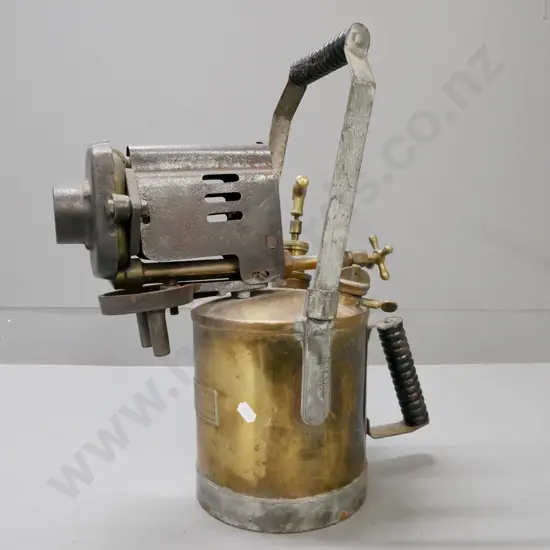 vintage blowtorch. W Parkinson & Co London & Birmingham. Varying brass taps and gauge. Cast handle and nozzle.