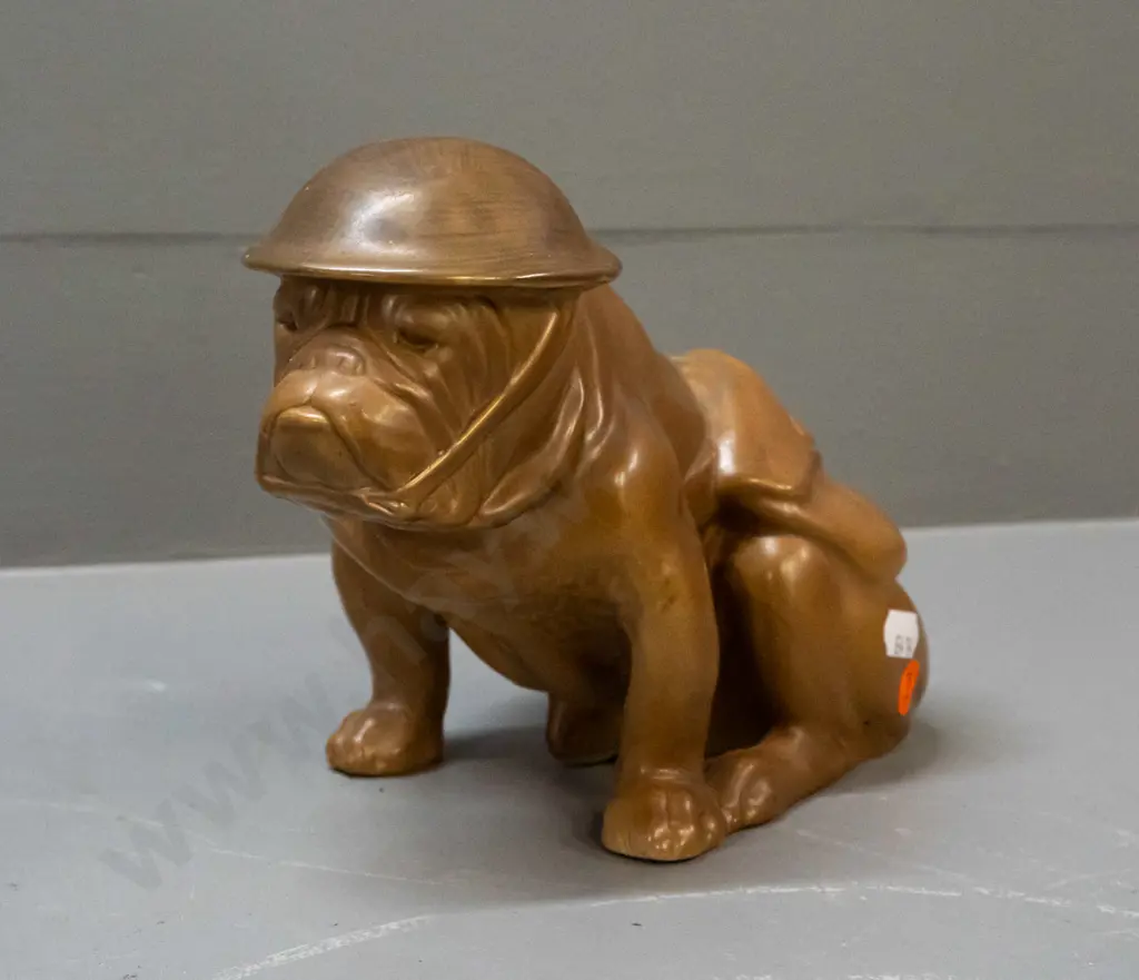 Royal Doulton WWI era British bulldog figure - repair to foot, minor flaking to glaze on hat H-160 L-200 Image 1++